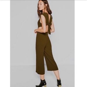 Zara open back olive green wide leg jumpsuit